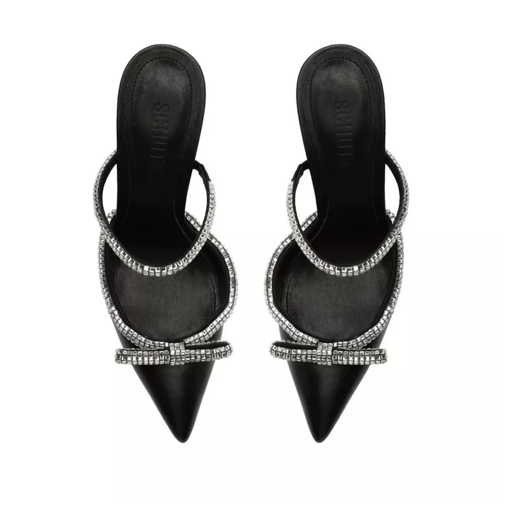 SCHUTZ Avril Crystal Trim‎ Leather Rhinestones Stilettos Heels size 7.5